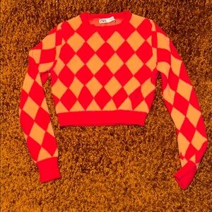 Zara Red and Cream Argyle Sweater